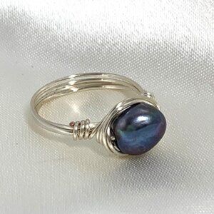 Genuine Black Pearl Ring Silver Tone Copper Wire & Black Pearl Order To Fit